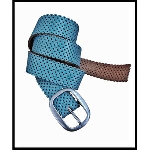 Vintage Leather Perforated Buckle Belt Teal Turquoise Blue Boho Western Cowgirl